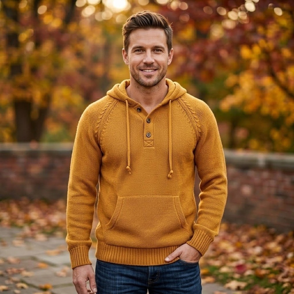 Le 31 Simons Knit Hoodie Mens Medium Yellow Cotton Elbow Patch Cabin Fall Preppy